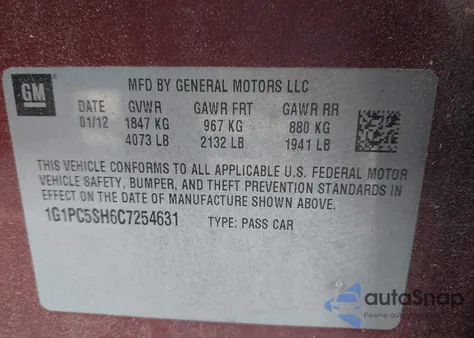 2012 Chevrolet Cruze Ls из США, поврежденный, VIN 1G1PC5SH6C7254631